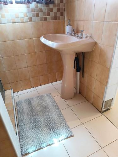 a bathroom with a white sink and a rug at Tokelo Guesthouse Emalahleni in Witbank