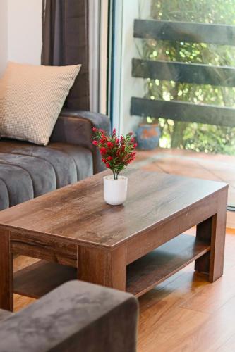 a wooden coffee table with a plant on top of it at Lagoon Garden - 2 chambres proche Plage avec Piscine in Skhirat