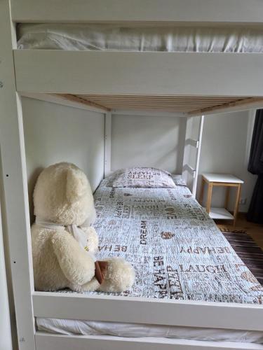 a teddy bear sitting on the bottom bunk of a bunk bed at Baltic beach villa 2 in Jūrmala