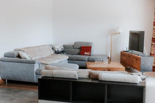 a living room with a couch and a tv at Chalet Salt Lake in La Toussuire