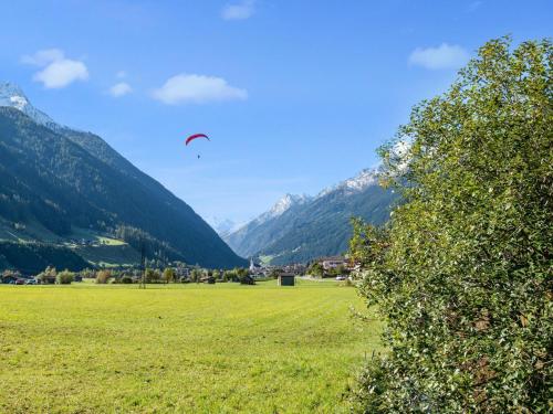 a kite flying over a field with mountains in the background at Apartment in Neustift in a quiet location in Neustift im Stubaital