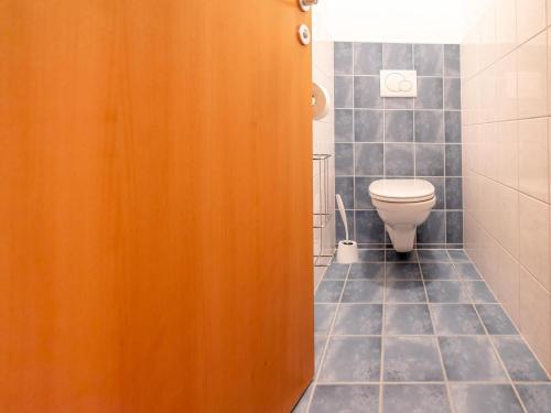 a bathroom with a toilet and a wooden door at Apartment in Neustift in a quiet location in Neustift im Stubaital