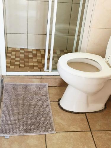 a bathroom with a toilet and a shower at Tokelo Guesthouse Emalahleni in Witbank