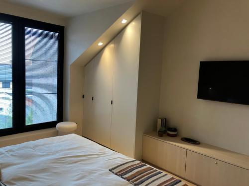 トングレンにあるHet Huisjeのベッドと薄型テレビのある寝室