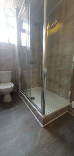 a bathroom with a shower and a toilet at South Beach Kings Promenade Hotel in Blackpool