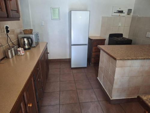 a kitchen with a white refrigerator and a counter at Mount Festiva Lodge in Akasia