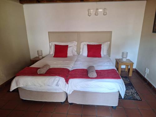 a bedroom with a large bed with two red pillows at Mount Festiva Lodge in Akasia