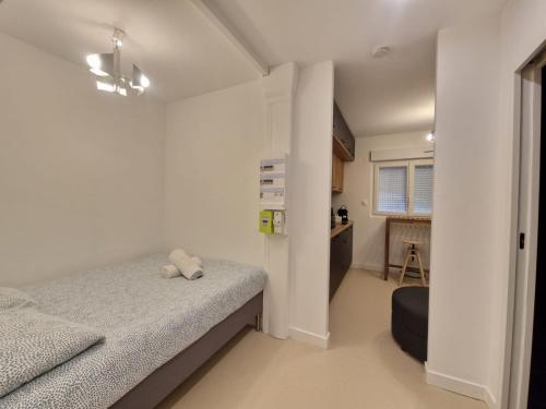 克莱蒙费朗Les Violettes #Parking#Confort的一间带床和厨房的小卧室