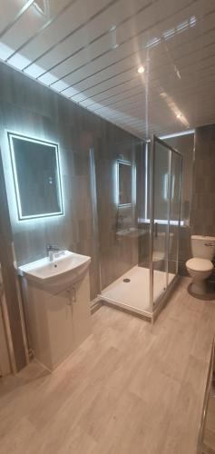 a bathroom with a sink and a shower and a toilet at South Beach Kings Promenade Hotel in Blackpool