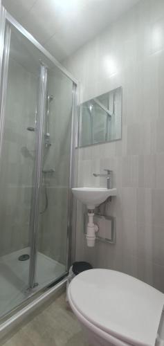 a bathroom with a shower and a toilet and a sink at South Beach Kings Promenade Hotel in Blackpool