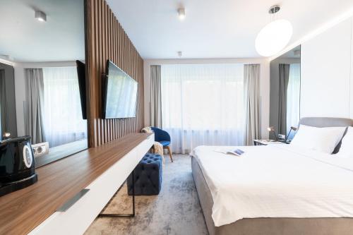 a hotel room with a large bed and a tv at Hotel Sinaia in Sinaia