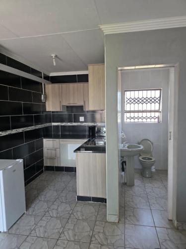 a kitchen with a sink and a toilet in it at House 224 Lodge in Driekop