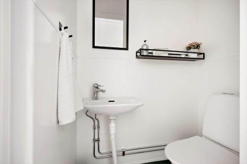 a white bathroom with a sink and a toilet at OGO781-Mjoelby-Norrby-Naesloesegard-1 in Mjölby