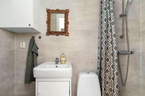 a bathroom with a sink and a toilet and a mirror at BOH779-Stillingsoen-Asarna-121 in Åsarna