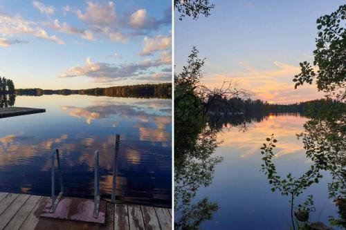 two pictures of a lake with the sky and clouds at KRO771-Russby-Rungebacken-Uddeboda-3 in Piggaboda