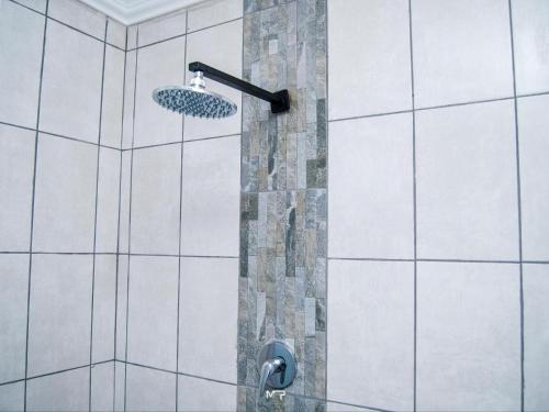 a shower with a shower head in a bathroom at Overflow Accommodation Lodge in De Hoop
