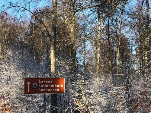 a sign in the middle of a forest with trees at KRO732-Urshult-Berg-Faekten in Urshult