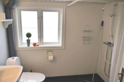 a bathroom with a shower and a toilet and a window at JON421-Skillingaryd-Galtas in Galtås