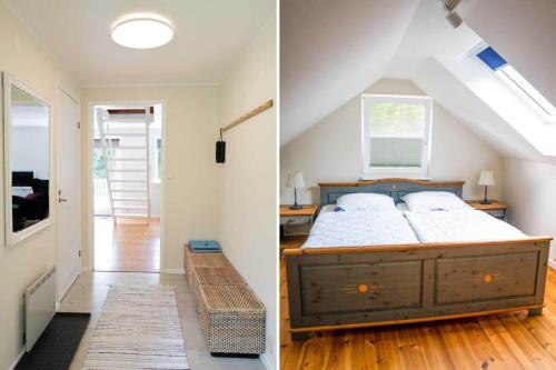 two pictures of a bedroom with a bed and a hallway at KRO670-Urshult-Haetteboda-Hoegalund in Törnamåla