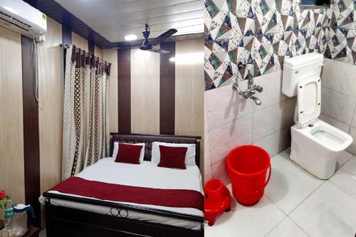 a small bedroom with a bed and a toilet at Mars Agro Farm - Shahapur in Shāhāpur