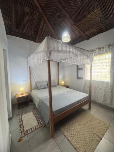 a bedroom with a canopy bed and a window at Villa Nosy Be Madagascar in Dzamandzar