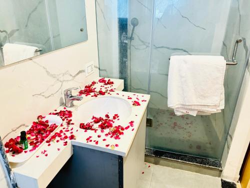 ジャイプールにあるThe Grand Luxury Studioのバスルーム(赤い花のシンク付)