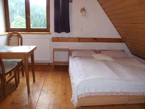 a bedroom with a bed and a table and window at Noclegi pod Jaworzyną II in Koninki