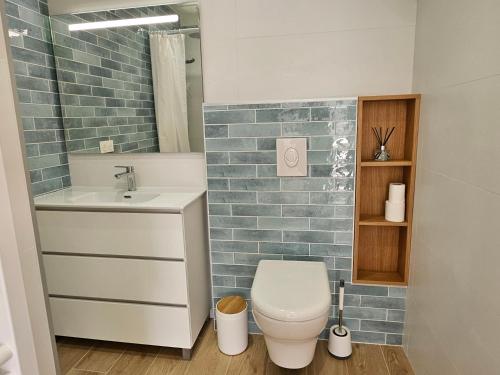 Appartement entouré de verdure في Saint-Martin-de-Seignanx: حمام مع مرحاض ومغسلة