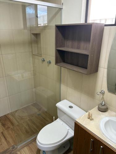 a bathroom with a toilet and a shower and a sink at San Benito B&B cerca Quito Aeropuerto - Tumbaco in Tumbaco