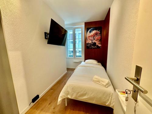 a small room with a bed and a tv at Cosy private room in Lausanne center in Lausanne
