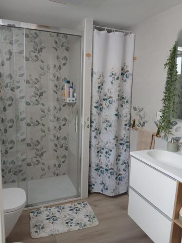 a bathroom with a shower and a toilet and a sink at Papaya in Costa Del Silencio