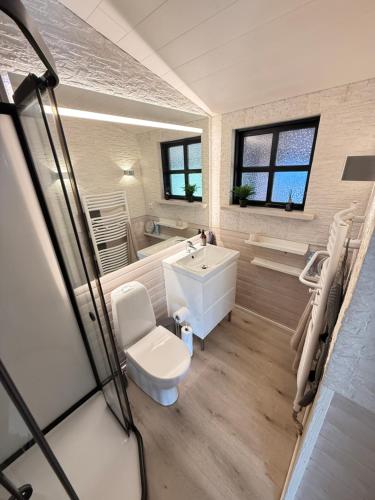 a bathroom with a toilet and a sink and a tub at Discover Iceland Private Lodges Two Houses in Blaskogabyggd