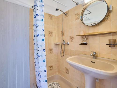 a bathroom with a sink and a mirror and a shower at T2 lumineux pour 2, animaux admis, parking, WiFi - FR-1-841-47 in Barbotan-les-Thermes