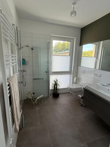 a bathroom with a shower and a toilet and a sink at Premium Penthouse Parkblick in Bad Driburg