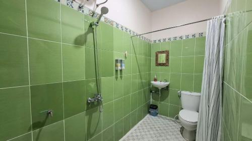 a green bathroom with a toilet and a sink at Huis TANTI Homestay Jember in Wirolegi