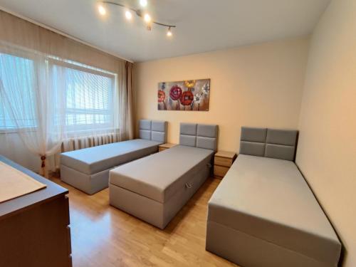 una camera da letto con due letti e una finestra di Musninkų apartment near Akropolis a Vilnius