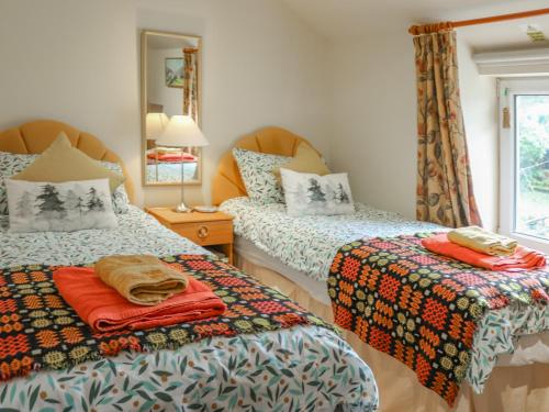 a bedroom with two beds and a mirror at Garthfain in Dolwyddelan