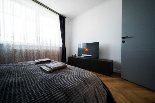 a bedroom with a bed and a flat screen tv at Sky9 Apartment in Odorheiu Secuiesc