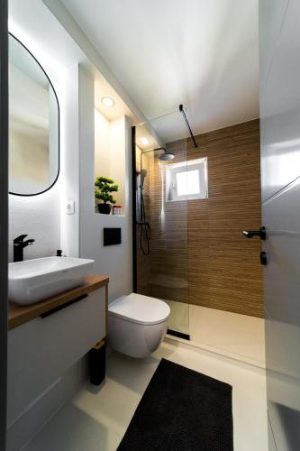 a bathroom with a sink and a toilet and a shower at Sky9 Apartment in Odorheiu Secuiesc