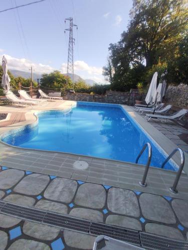 a swimming pool with blue water in a yard at Vicky's B&B by V in Papasidero