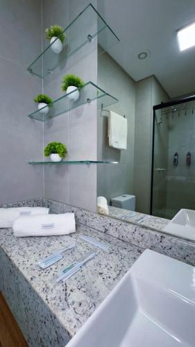 Un mostrador de baño con un lavabo y un espejo. en Hospede-se com charme e praticidade no Meireles, en Fortaleza
