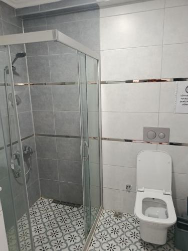 チェシメにあるHavuzlu lüks villaのバスルーム(シャワーブース、トイレ付)