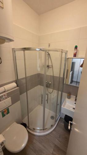 a bathroom with a shower with a toilet and a sink at Apartment Vinko in Split