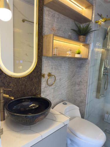 a bathroom with a sink and a toilet at Top views, airport, Salitre, American embassy, parking in Bogotá