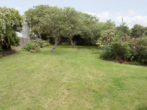 a lawn with a tree and some bushes and trees at Coastguard Cottage in Downderry
