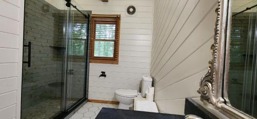 a bathroom with a toilet and a glass shower at The Bigwitch Cabin in Cherokee