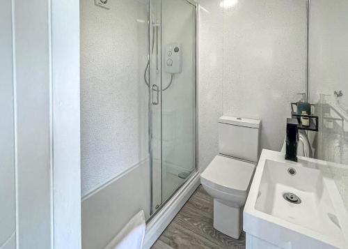 a bathroom with a shower and a toilet and a sink at Watermill Leisure Park in Moortown