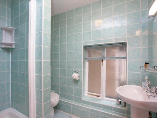 a blue tiled bathroom with a sink and a toilet at The Stables in Clyst Saint Mary