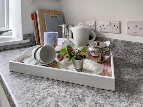 a tray with plates and dishes on a kitchen counter at Toad Hall in Helmsley