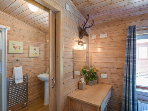 a wooden bathroom with a sink and a toilet at Waterfall Lodge in Eardington